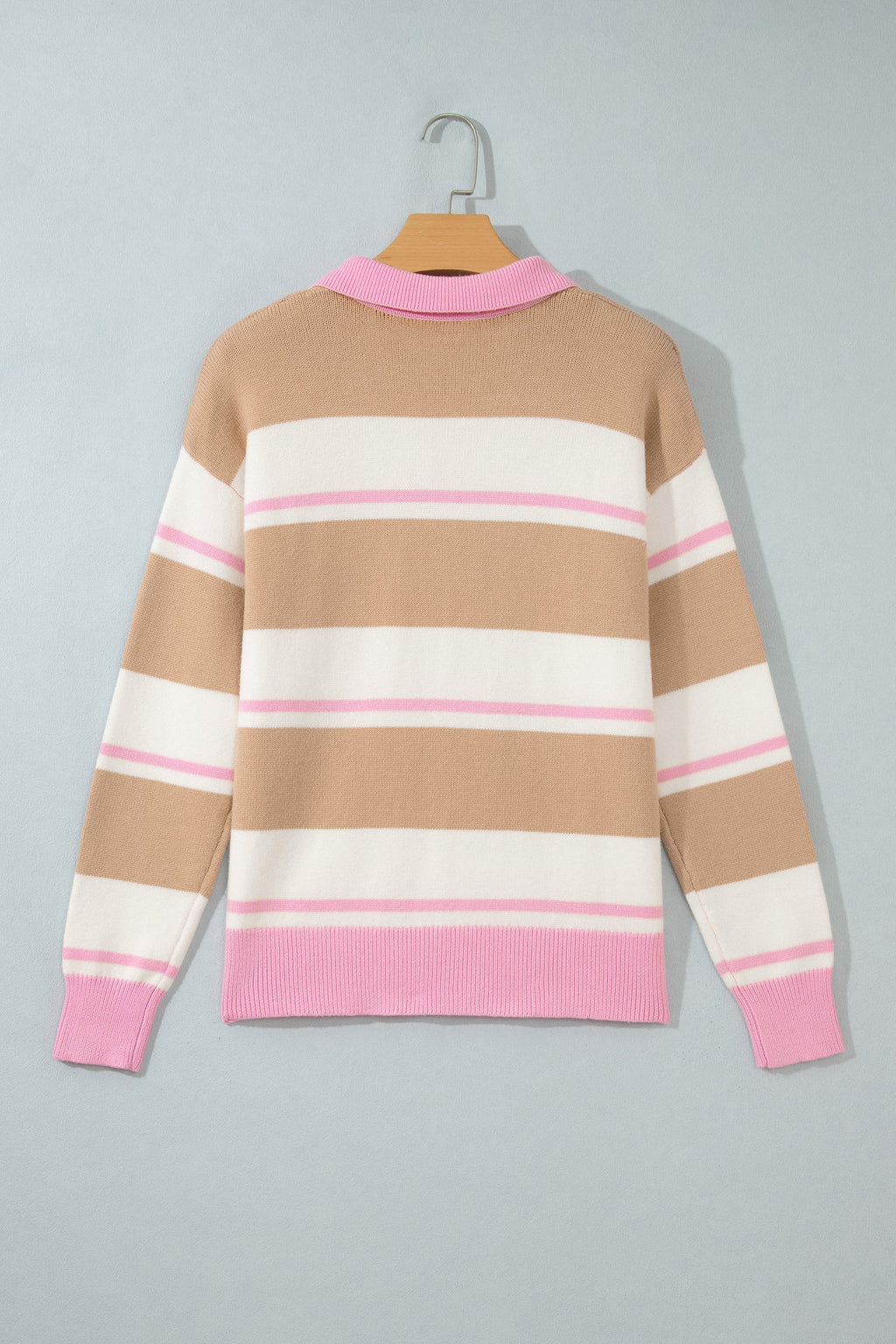 Stripe Colorblock Buttoned Collar Drop Shoulder Sweater