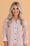 Stripe Ruffle Hem 3/4 Sleeve Buttoned Shirt