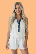 Denim Patchwork Polo Collar Sleeveless Romper