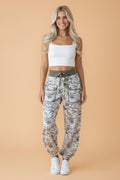 Camo Drawstring Contrast Waistband Barrel Cargo Pants