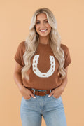 Western Horseshoe Pattern Short Sleeve Knit Top