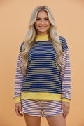 Stripe Long Sleeve Mock Neck Ribbed Knit Top & Shorts Set