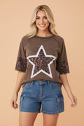 Leopard Star Patched Mineral Wash Exposed Seam T-Shirt