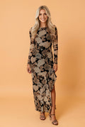 Floral Long Sleeve Asymmetric Ruffle Split Hem Mesh Dress