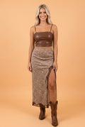 Western Cheetah Lace Trim Split Maxi Skirt