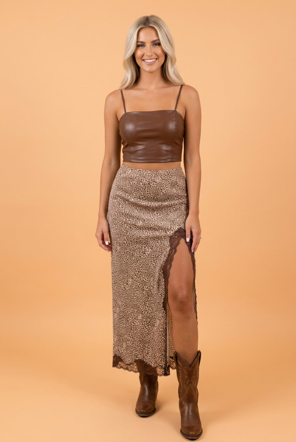 Western Cheetah Lace Trim Split Maxi Skirt