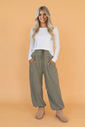 Solid Drawstring Elastic Waist Wide Leg Pants