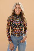 Aztec Mesh Mock Neck Long Sleeve Top