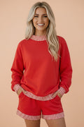 Gingham Trim Long Sleeve Pullover and Shorts Set