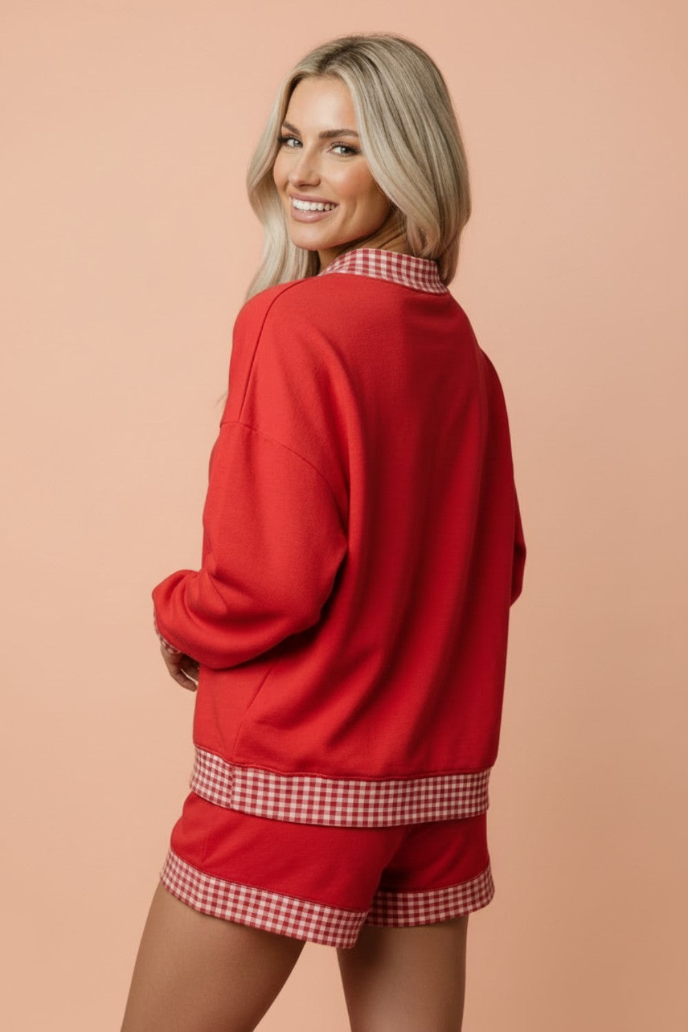 Gingham Trim Long Sleeve Pullover and Shorts Set