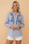 Stripe Embroidered Button Front Long Sleeve Shirt