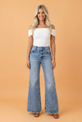 Denim Acid Wash Pockets Flare Jeans