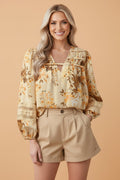 Paisley Lace Patchwork Long Sleeve V-Neck Blouse