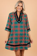 Plaid Velvet Contrast Trim 3/4 Sleeve Mini Dress