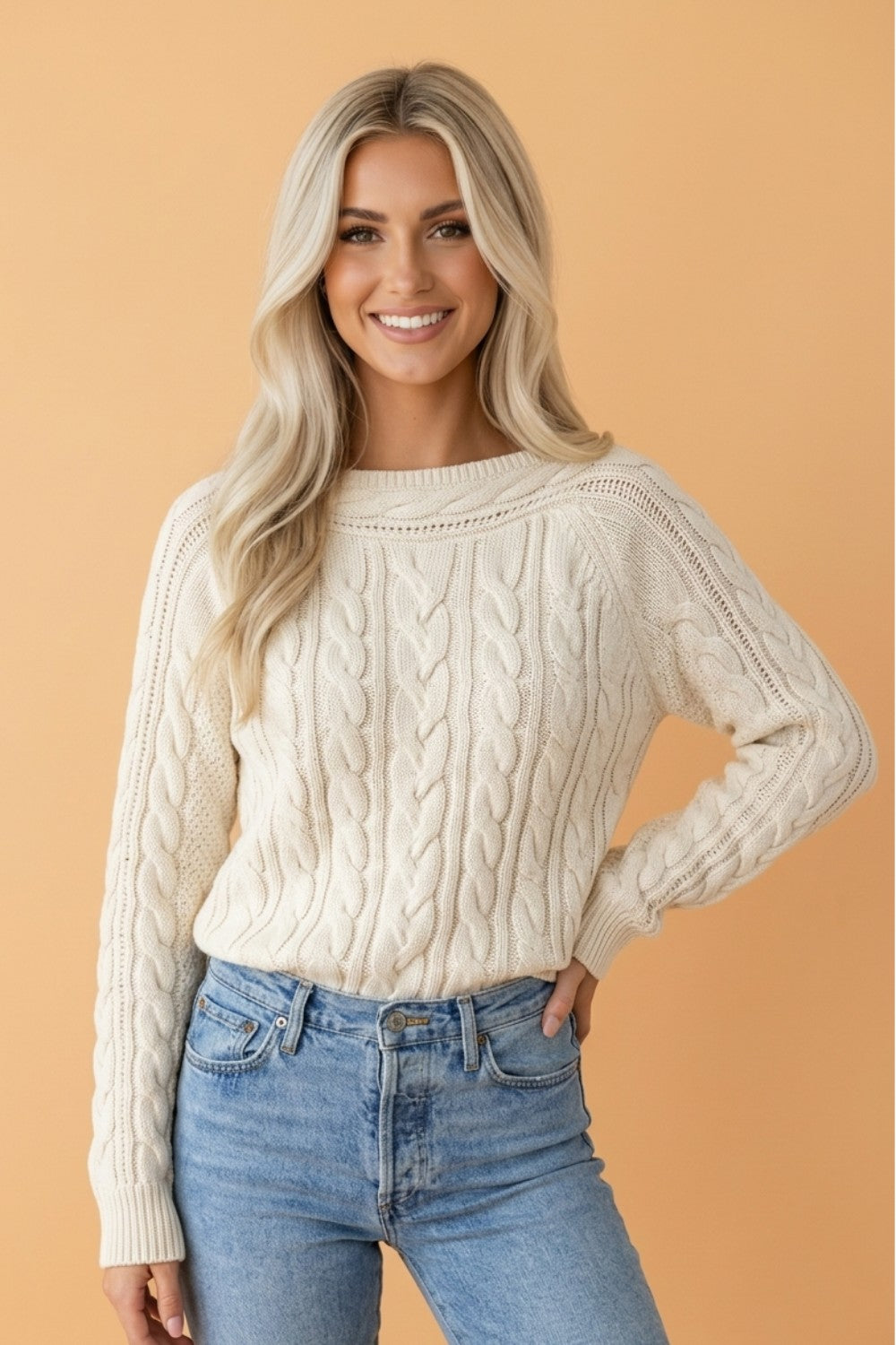 Solid Cable Knit Round Neck Long Sleeve Sweater