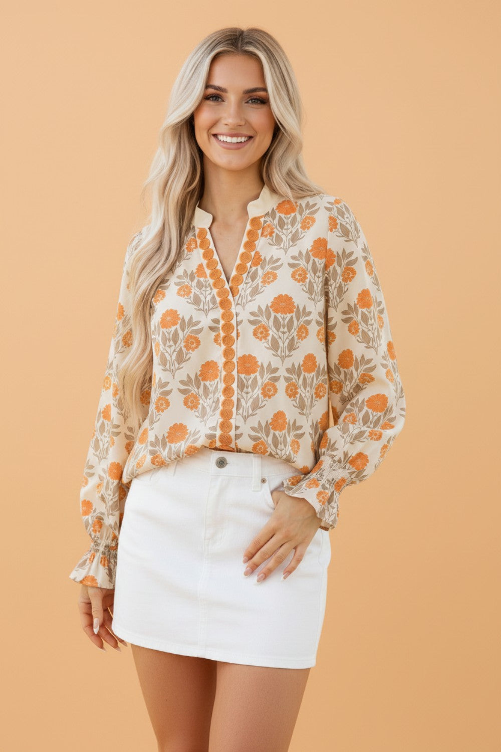 Floral Contrast Detail V-Neck Long Sleeve Blouse