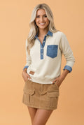 Colorblock Denim Patchwork Long Sleeve Polo Top
