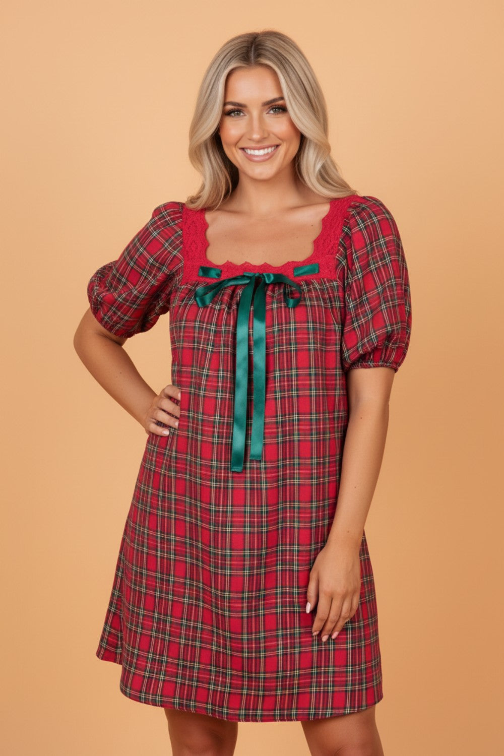 Plaid Lace Trim Square Neck Mini Babydoll Dress