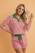 Stripe Colorblock Long Sleeve Collar Top & Shorts Set