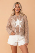 Star Patch Crochet Drawstring Hoodie Sweater