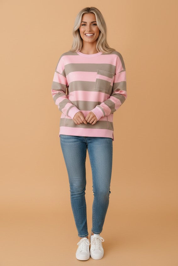 Stripe Colorblock Patch Pocket Long Sleeve Oversized Sweatshirt