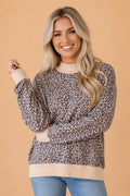 Leopard Ribbed Trim High Neck Long Sleeve Sweatshirt