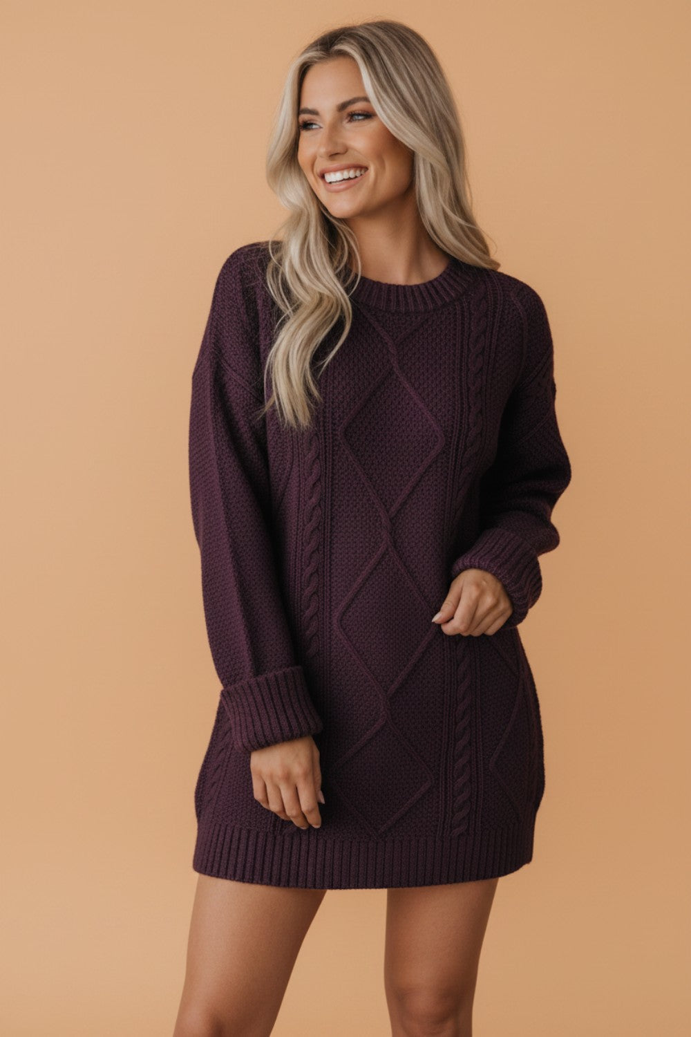 Solid Cable Knit Drop Shoulder Sweater Dress