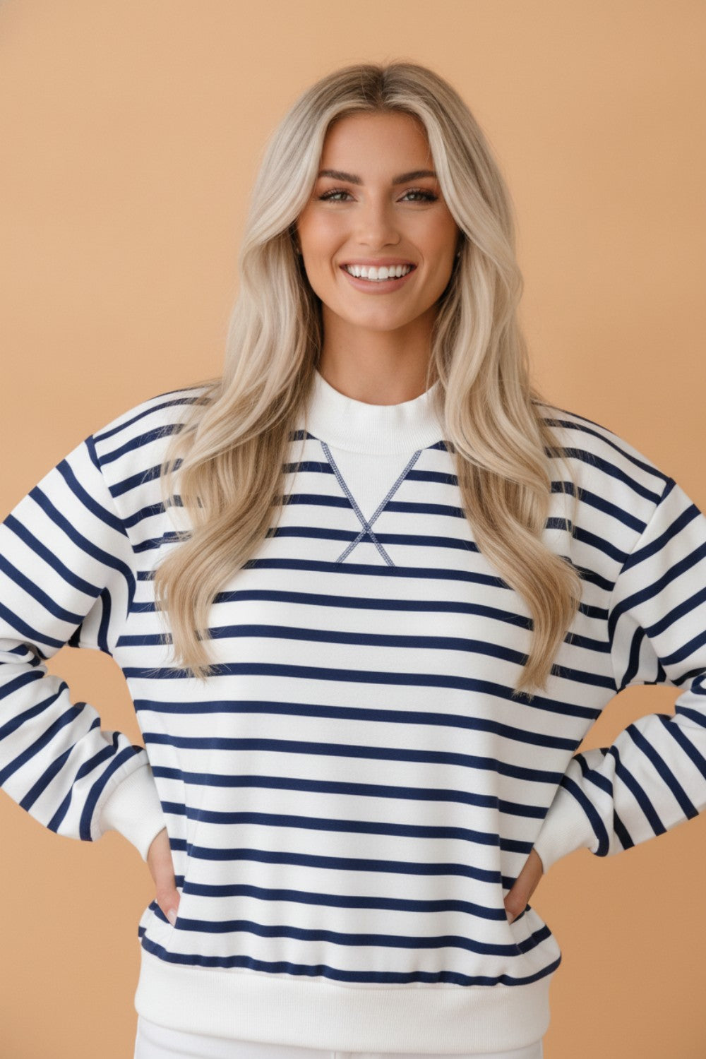 Stripe Ribbed Trim Stand Neck Long Sleeve Sweatshirt