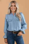 Western Denim Chambray Ruffle V-Neck Long Sleeve Blouse