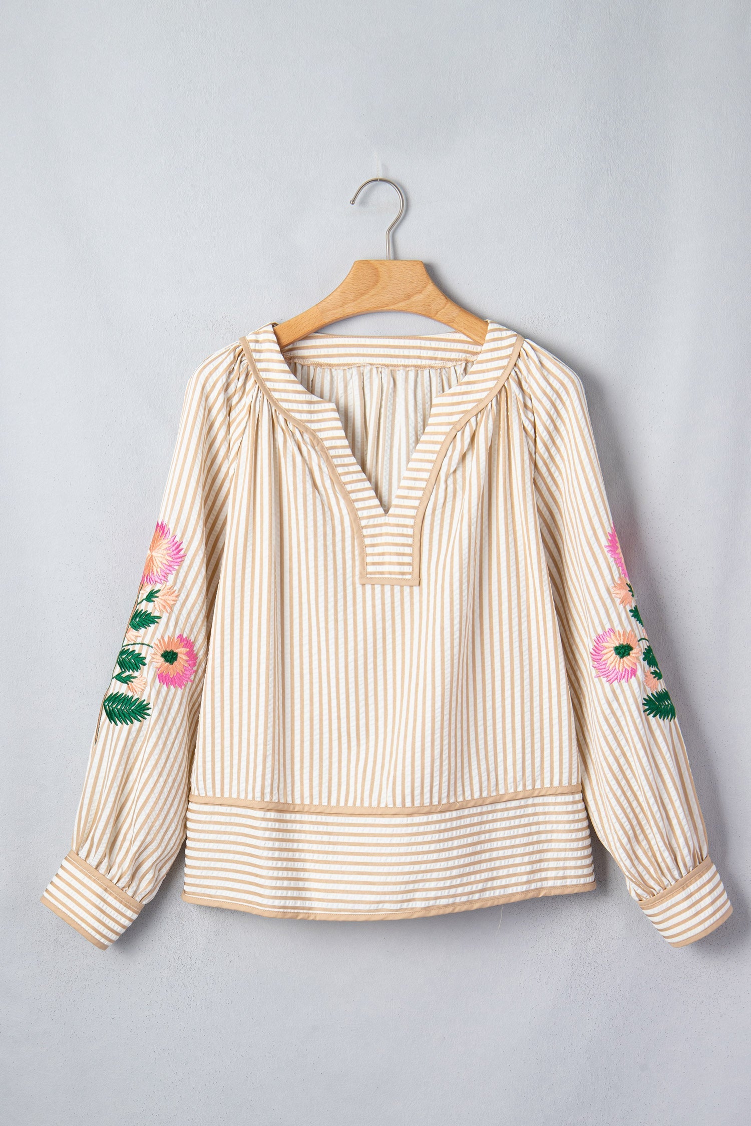 Floral Embroidered Stripe V-Neck Long Sleeve Blouse