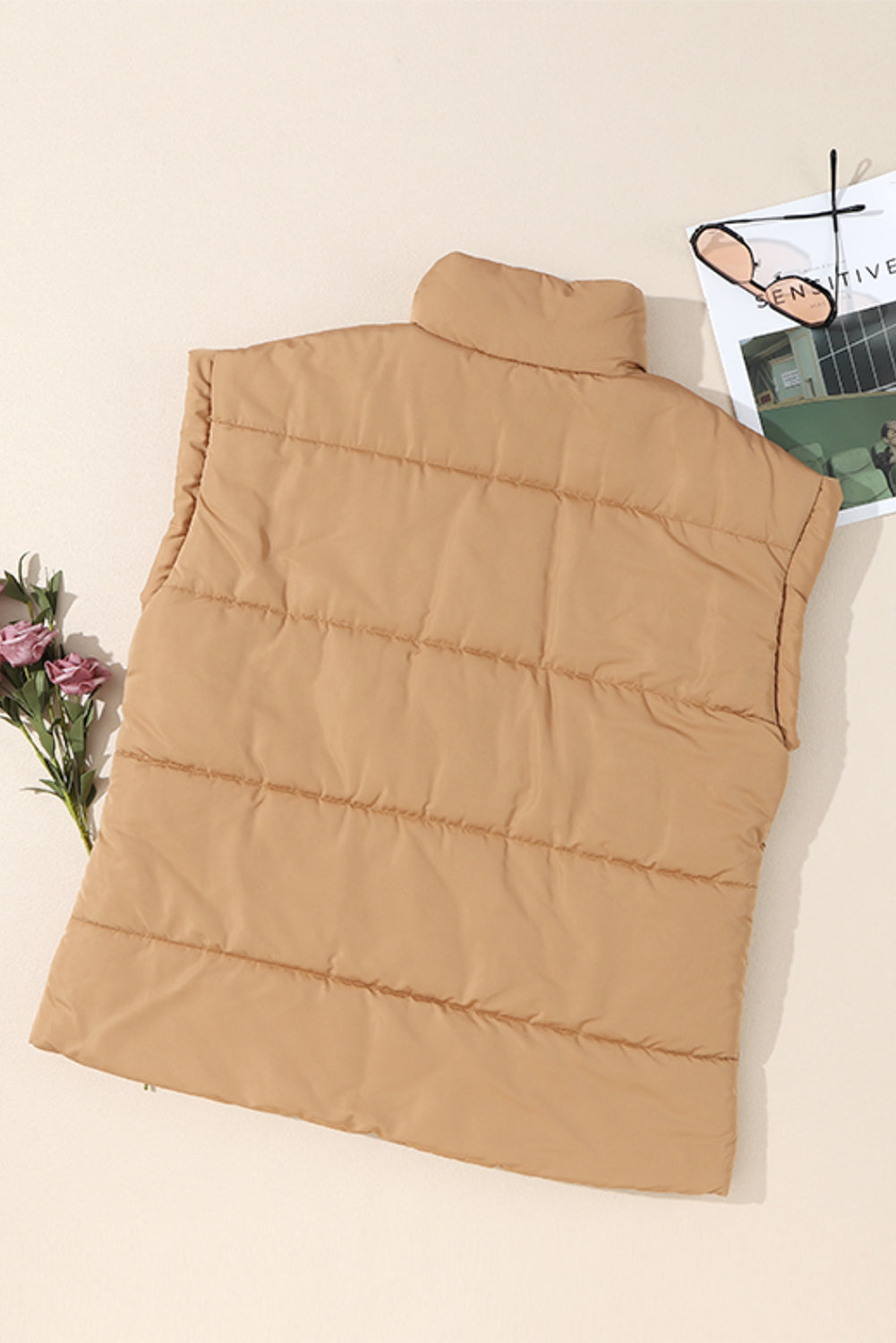 Solid Standing Collar Zip Up Oversized Puffer Vest