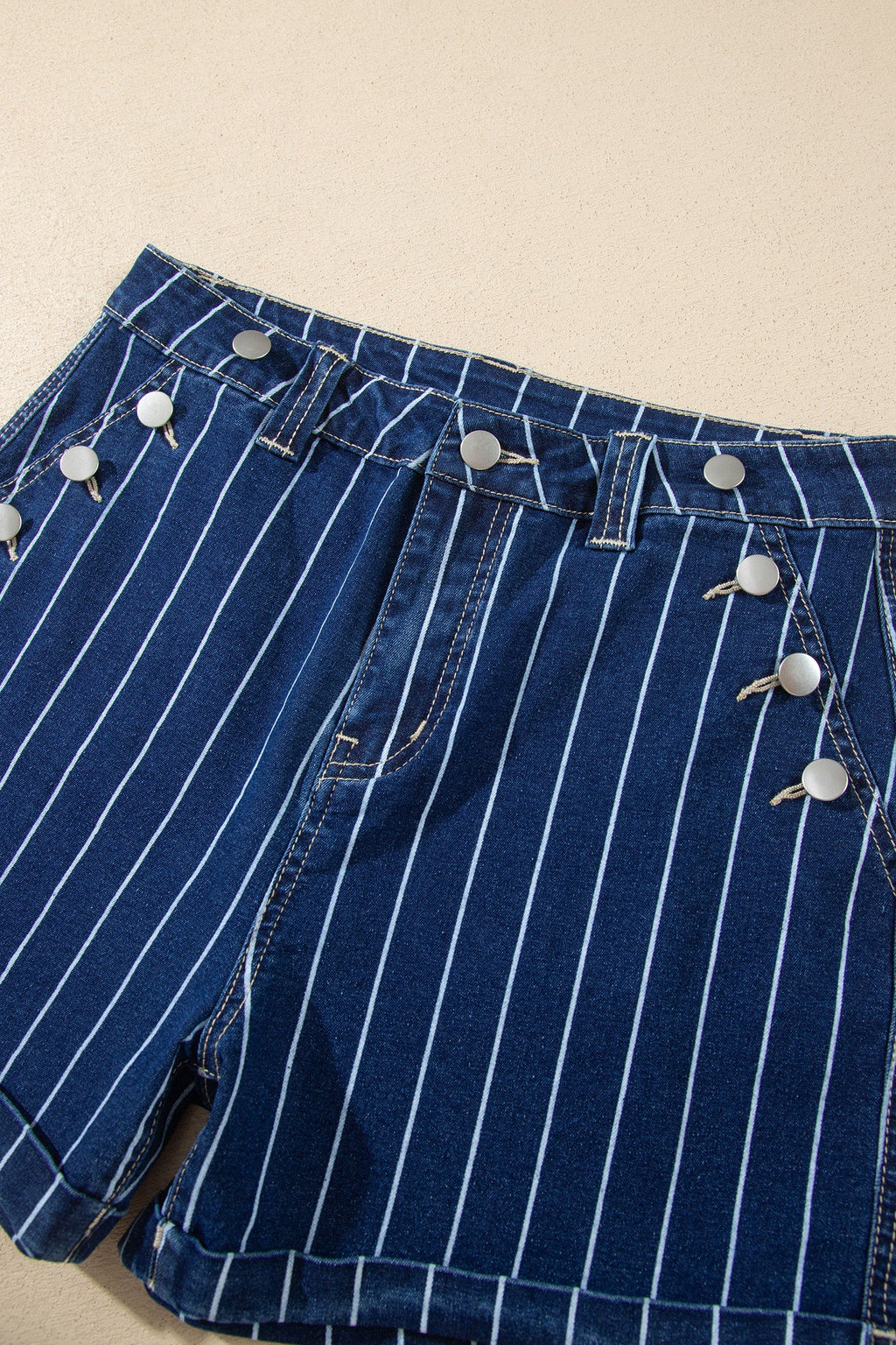 Denim Stripe Metal Button Detail Shorts