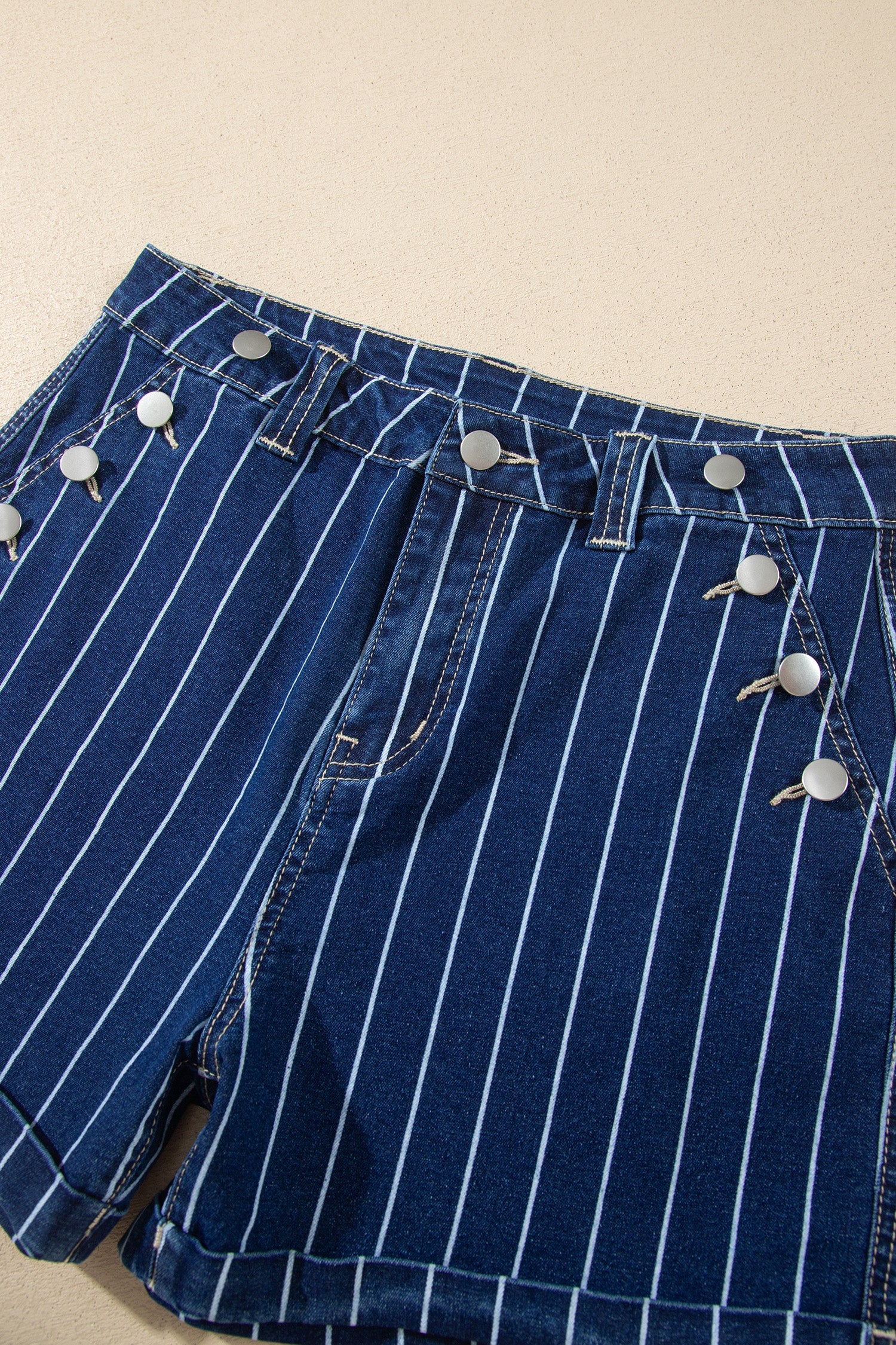 Denim Stripe Metal Button Detail Shorts
