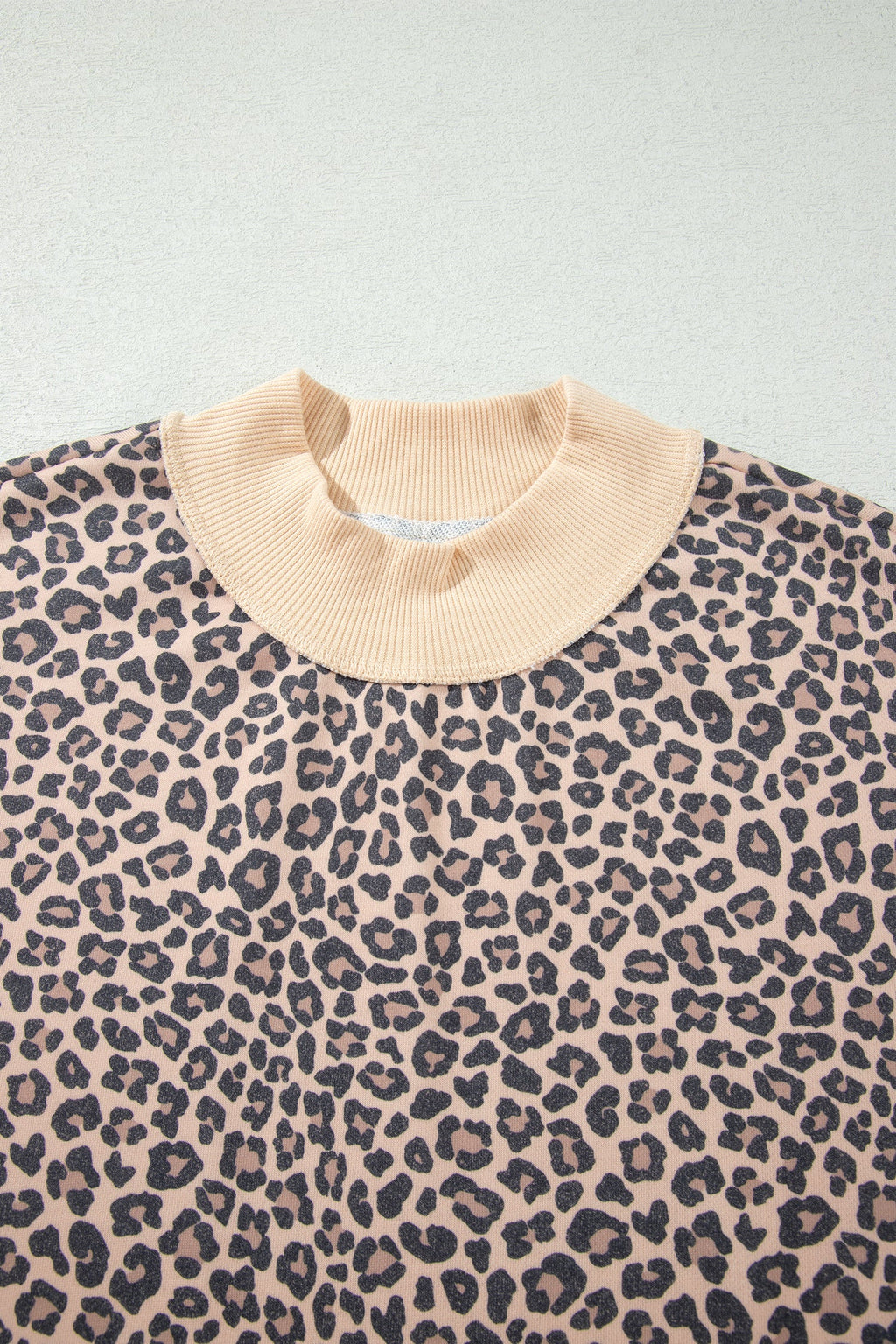 Leopard Ribbed Trim High Neck Long Sleeve Sweatshirt