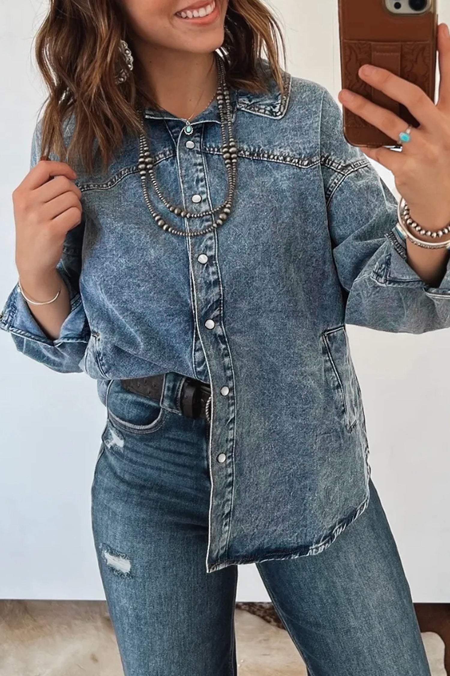 Western Mineral Wash Denim Long Sleeve Shirt Jacket