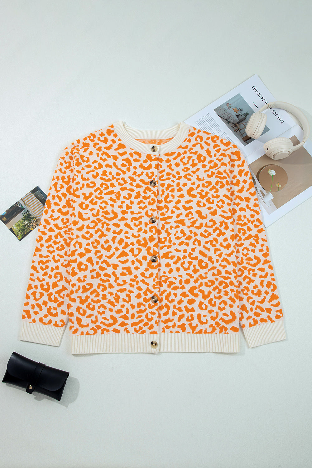 Leopard Drop Shoulder Chunky Cardigan Sweater