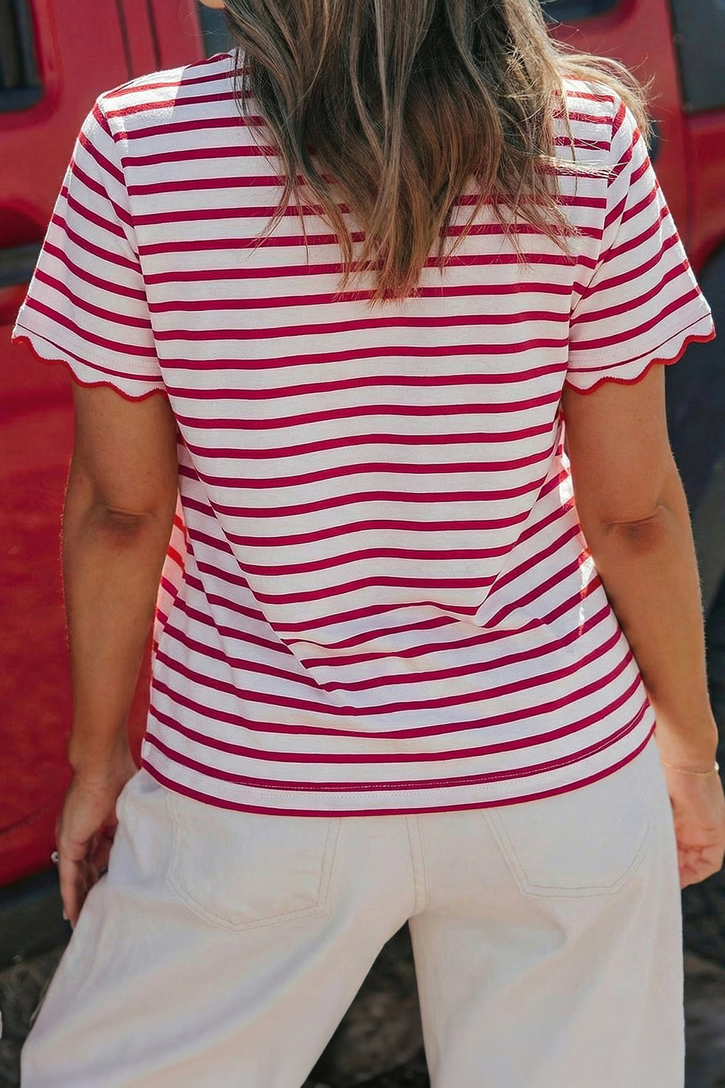 Stripe Scallop Trim Round Neck T-Shirt
