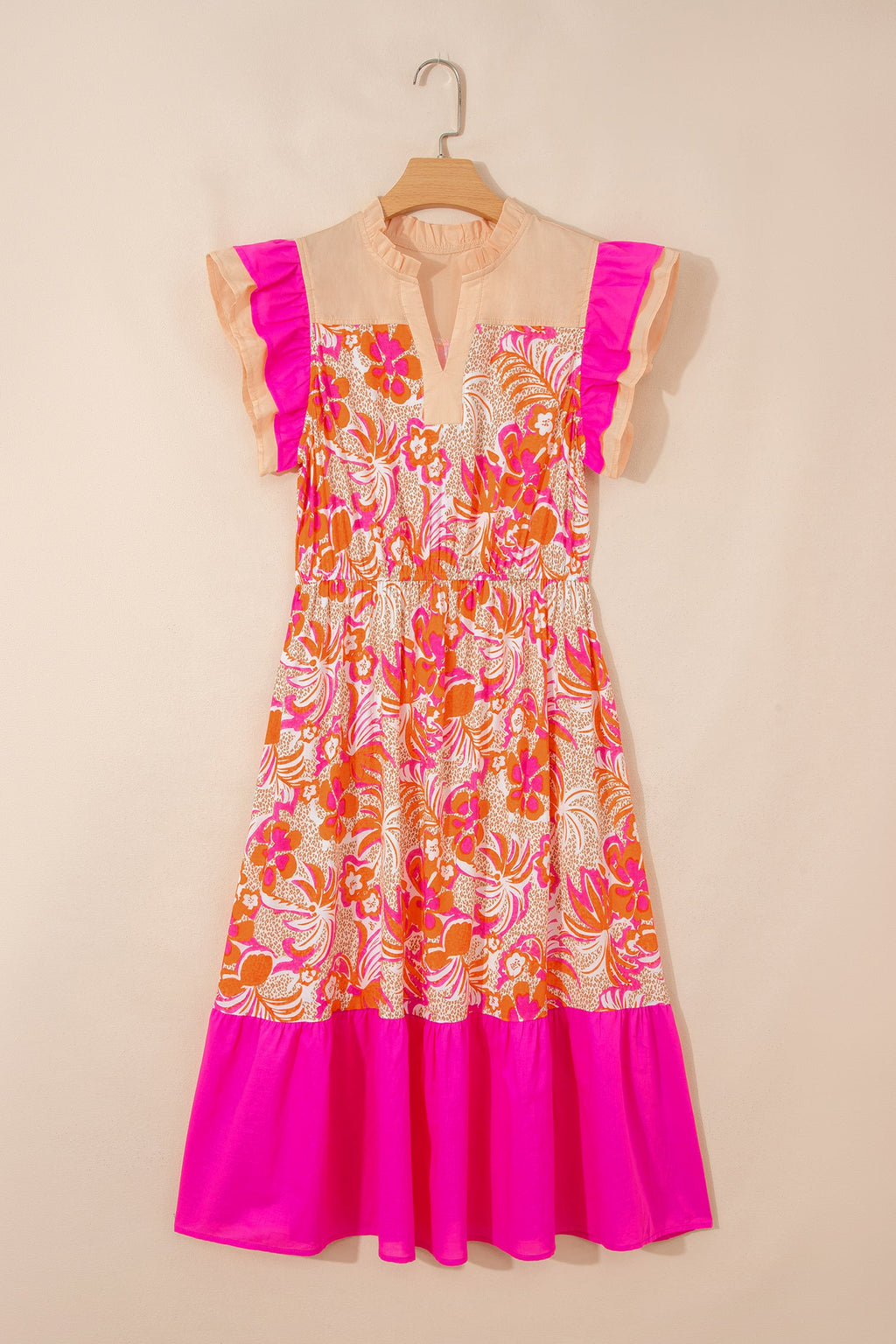 Floral Colorblock Ruffle Short Sleeve Midi Dress