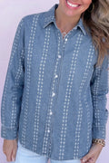 Floral Stripe Denim Buttoned Long Sleeve Shirt