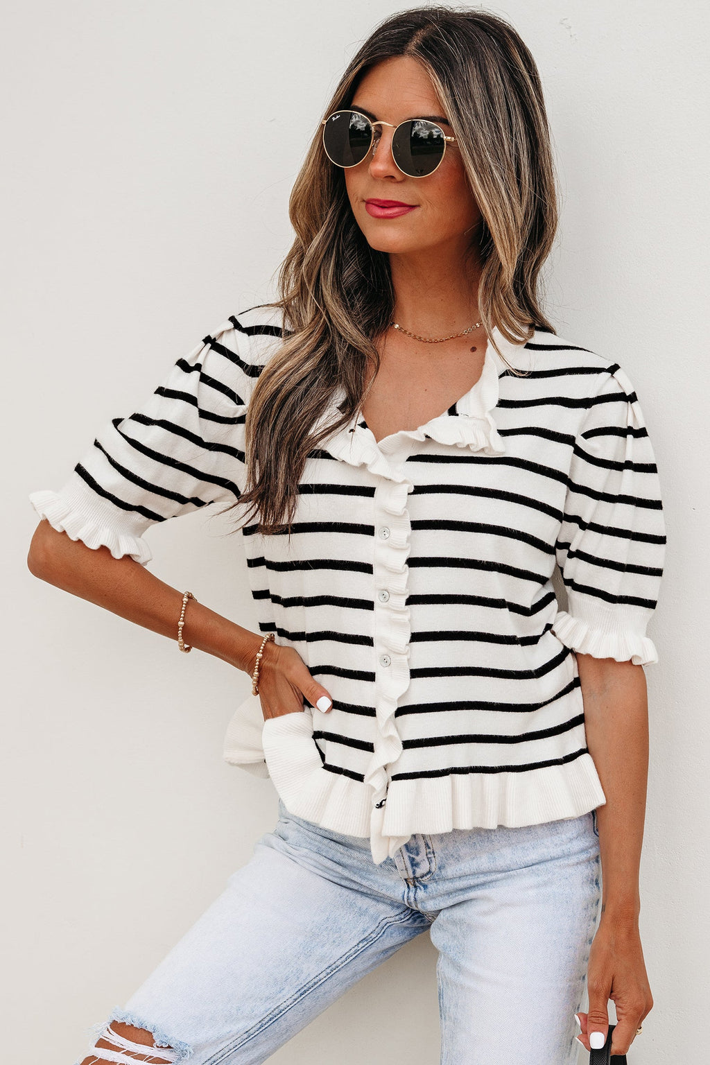 Stripe Ruffle Knit Short Sleeve Buttoned Cardigan