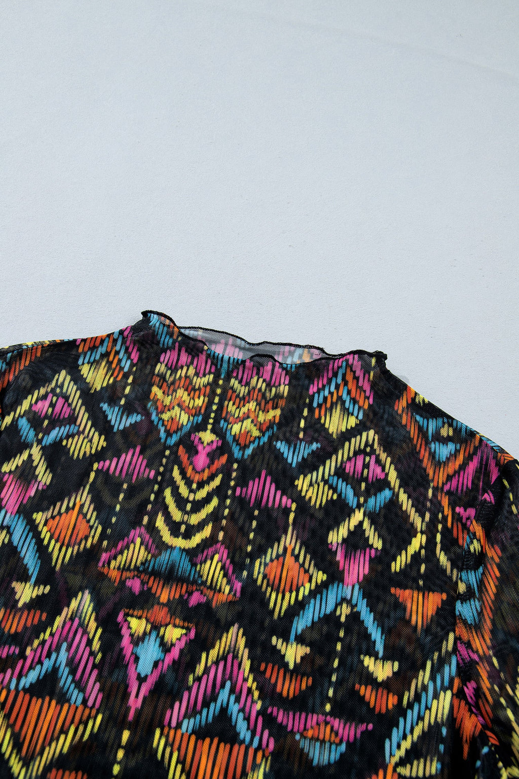 Aztec Mesh Mock Neck Long Sleeve Top