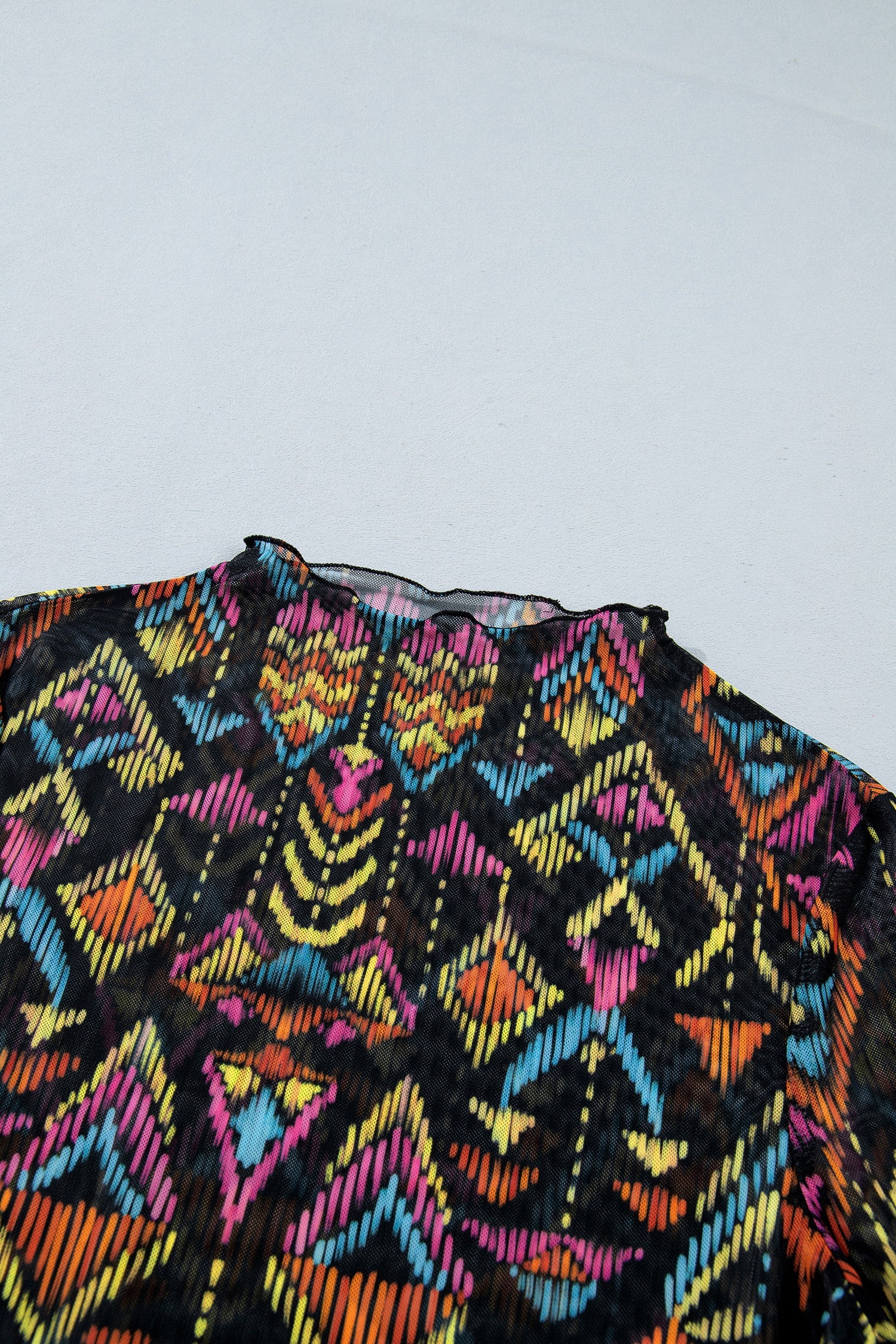Aztec Mesh Mock Neck Long Sleeve Top