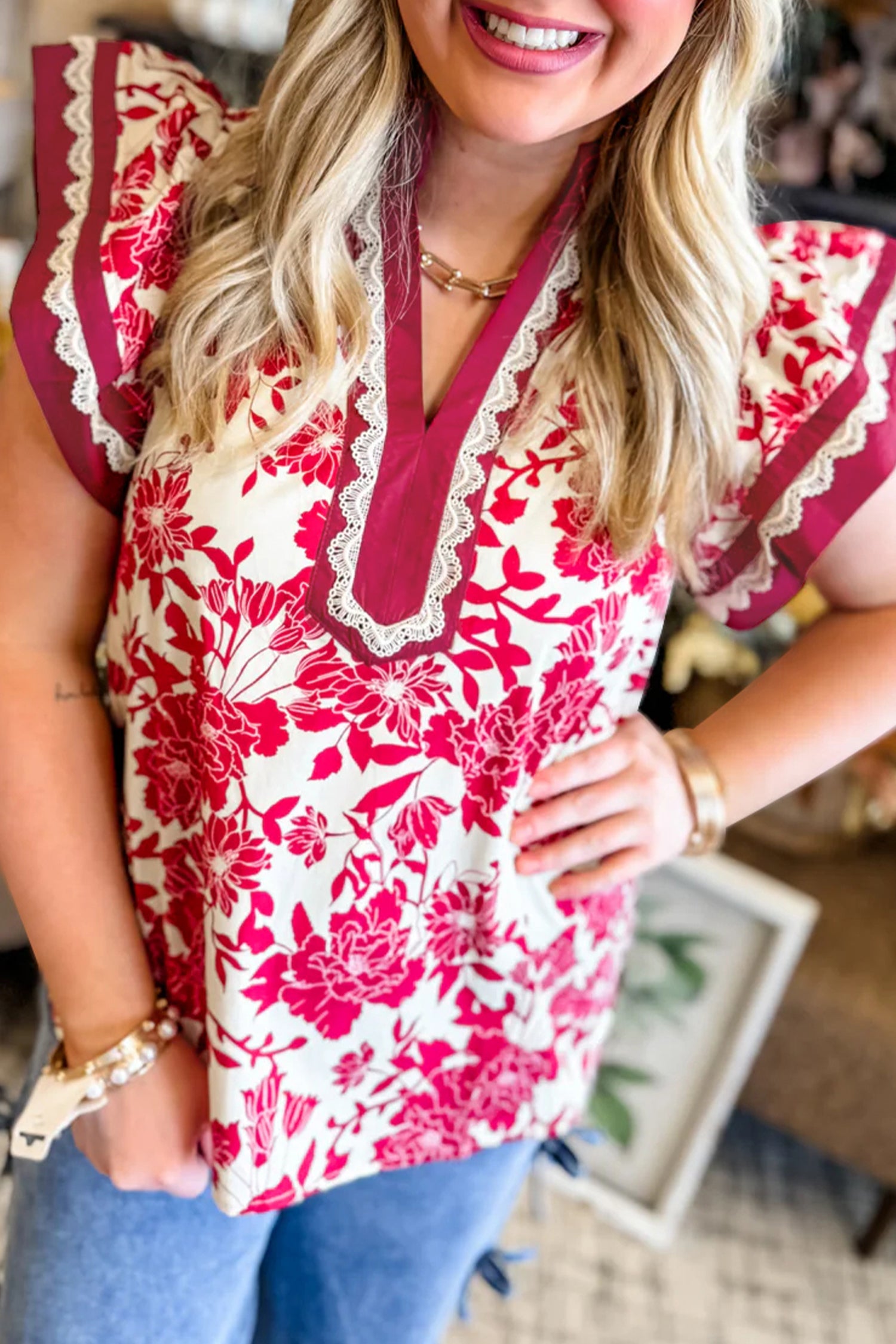 Floral Colorblock Lace V-Neck Flutter Sleeve Blouse