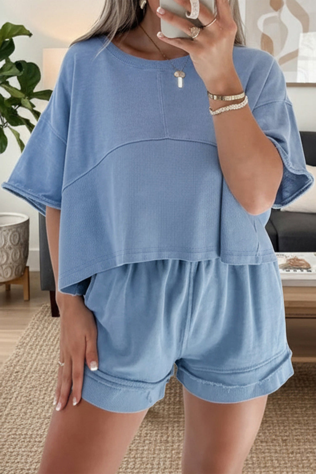 Solid Textured Raw Edge Top and Short Set