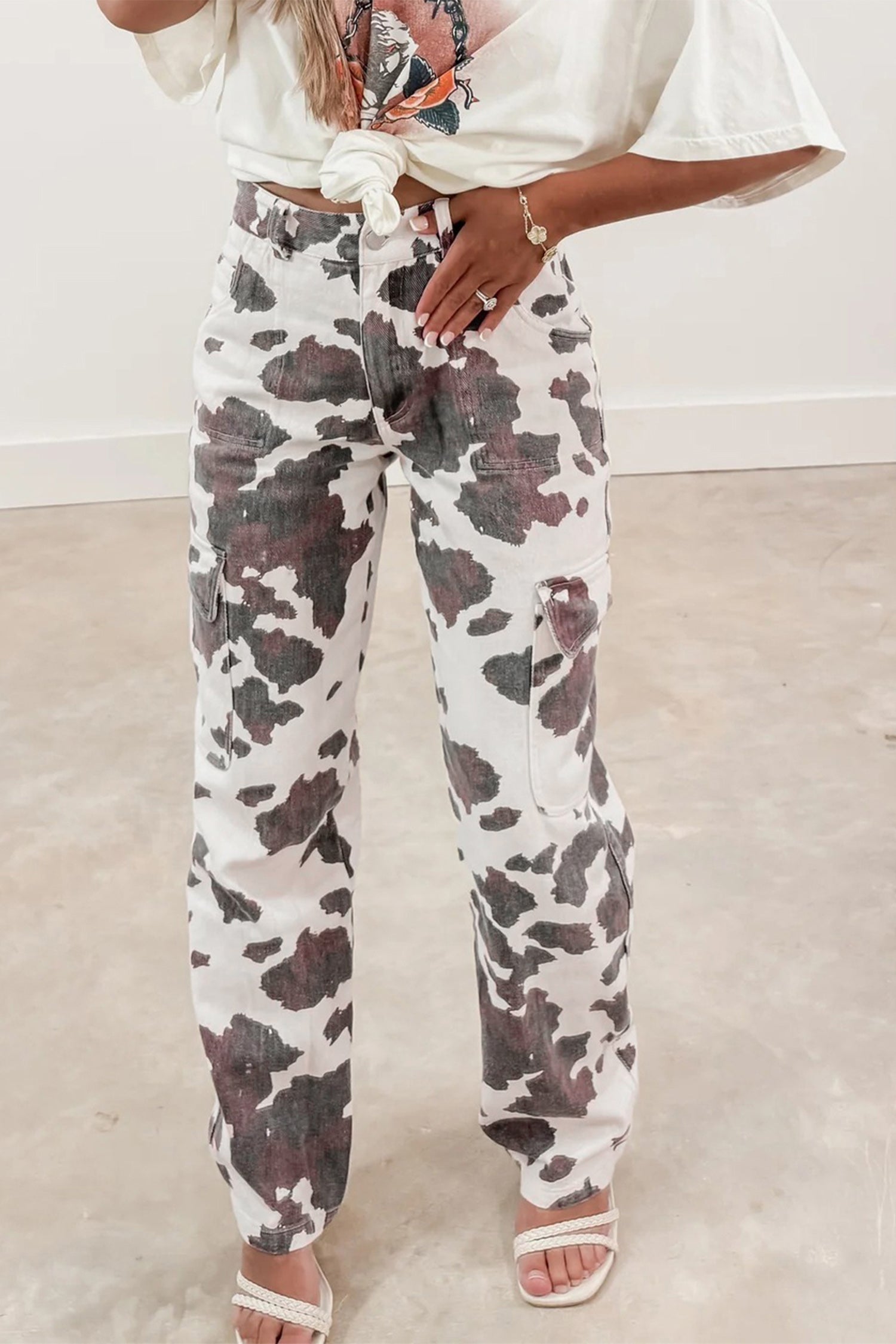 Western Cow Spot Cargo Pocket Straight Leg Jeans