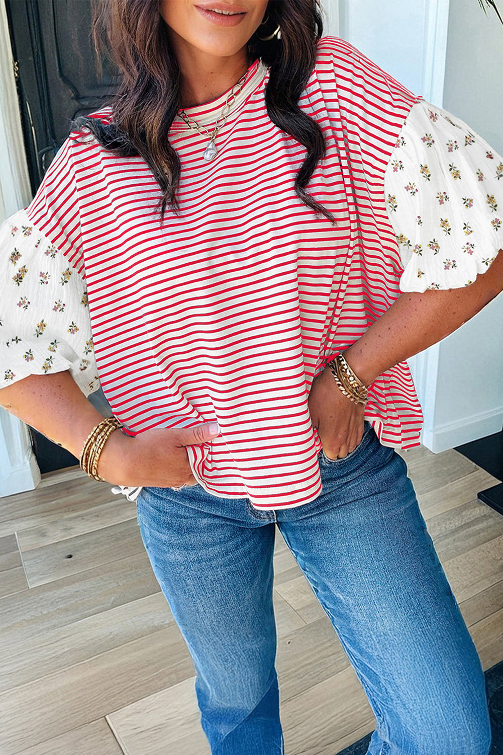 Floral Stripe Patchwork Puff Sleeve Round Neck Top