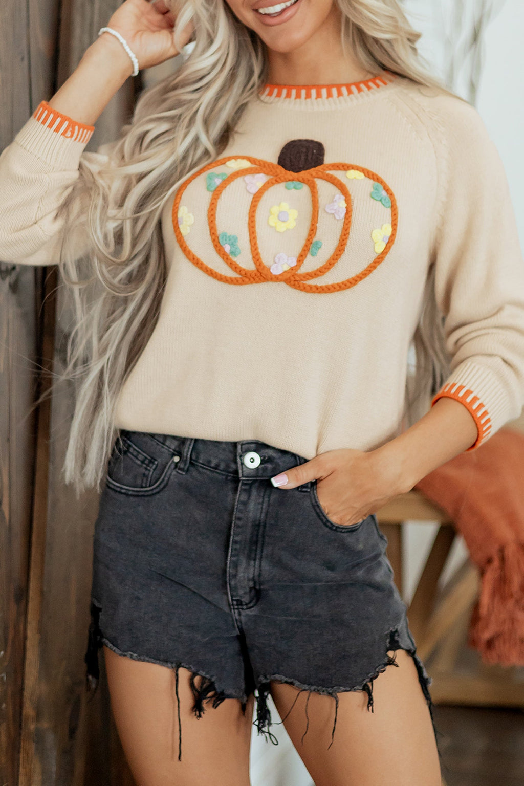 Pumpkin Floral Embroidered Round Neck Sweater