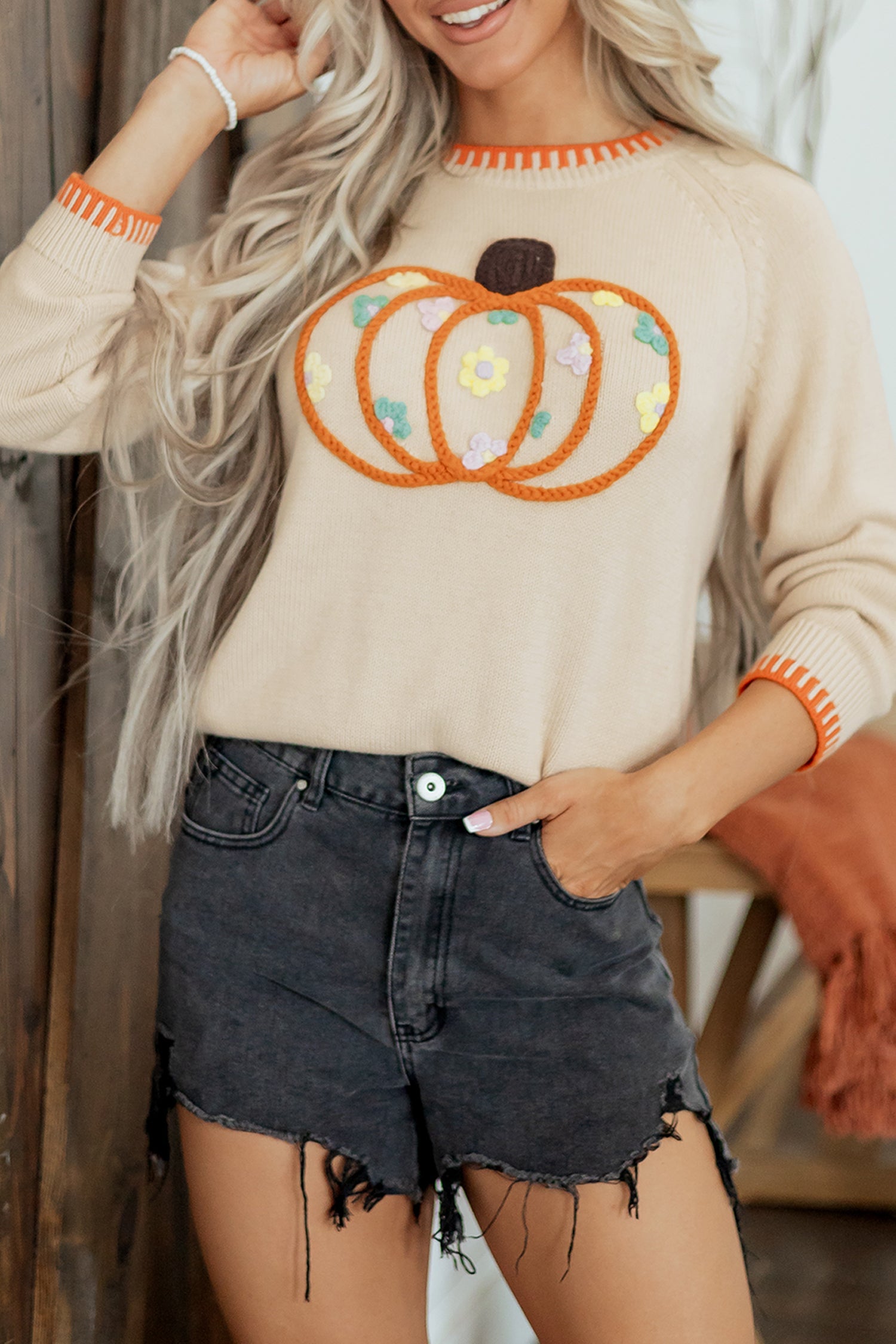Pumpkin Floral Embroidered Round Neck Sweater