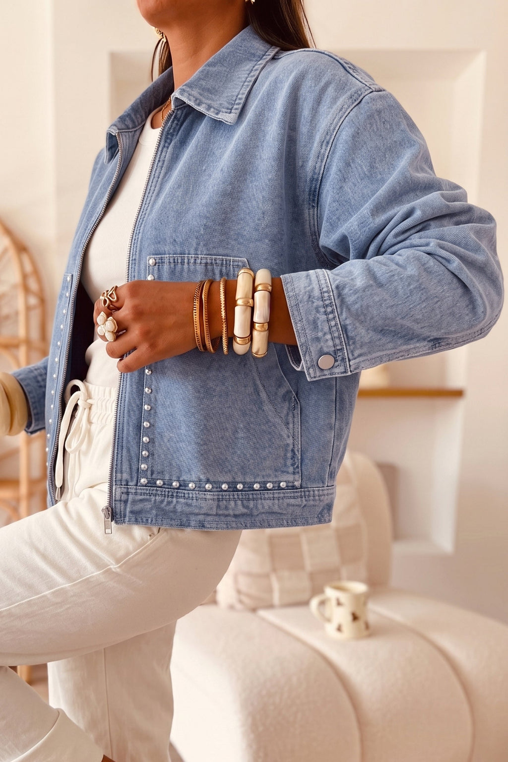 Denim Studded Pockets Zip-Up Long Sleeve Jacket