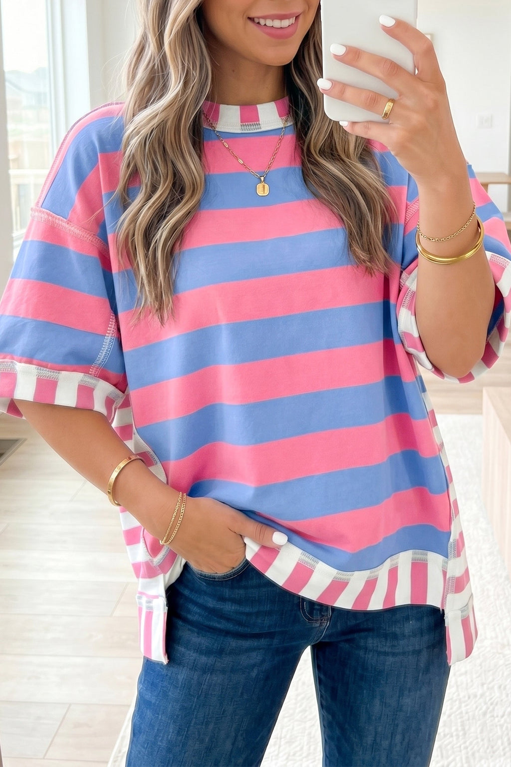 Stripe Patchwork Exposed Seam Oversized Top